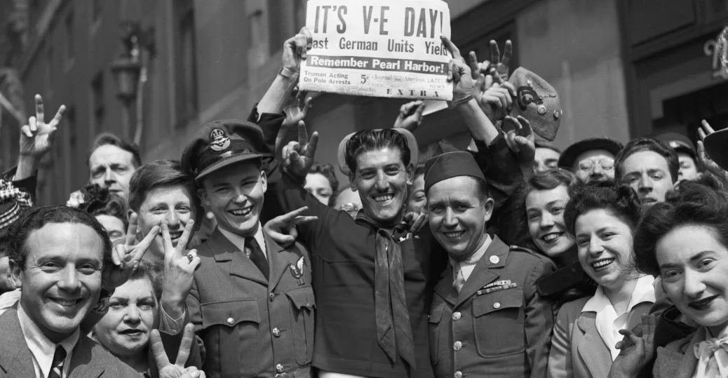 A crowd gathers in Times Square to celebrate victory over Germany in World War II. (Corbis/WWII National Museum)
