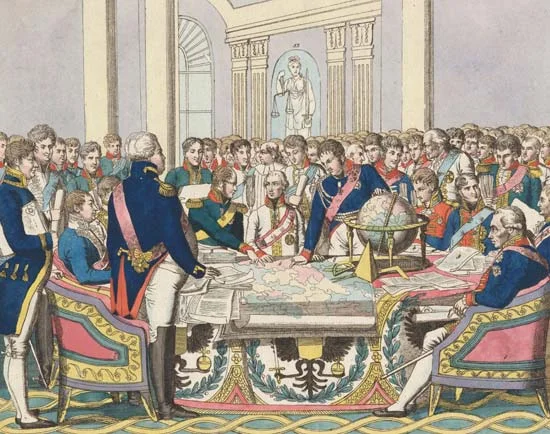 "The Congress of Vienna," watercolour etching by August Friedrich Andreas Campe, in the collection of the State Borodino War and History Museum, Moscow. (Britannica.com)