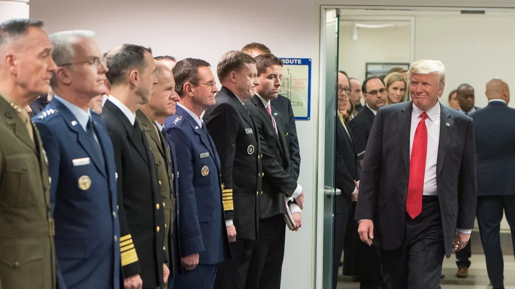 President Donald J. Trump enters the Hall of Heroes at the Pentagon in Washington, D.C., Jan. 27, 2017. He arrived to officiate the ceremony in which James Mattis became the 26th secretary of defense. (Staff Sgt. Jette Carr/DOD Photo)