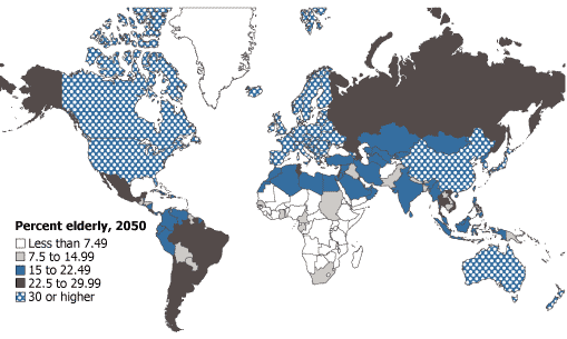 Projected Percentage of Elderly (Ages 65 and Over) by Country in 2050 (Population Reference Bureau)