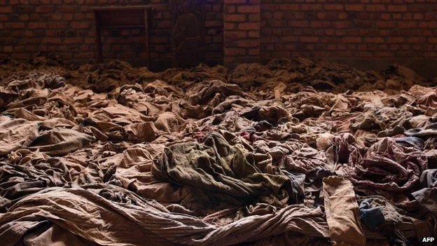 Clothes of people killed in the Nyamata Church in Kigali, Rwanda, which has been turned into a memorial. Approximately 10,000 Rwandans seeking refuge from the genocide were killed there in April 1994, and some 50,000 victims of the genocide are buried there. (AFP/CNN)