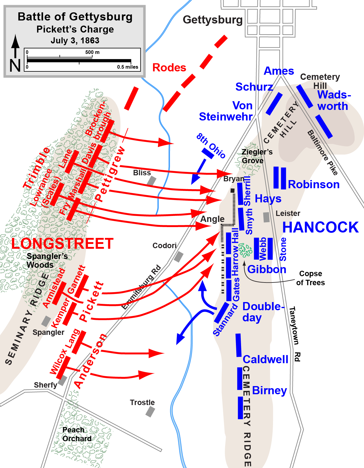 Map of Pickett's Charge of the American Civil War . Drawn by Hal Jespersen. (Wikimedia Commons)