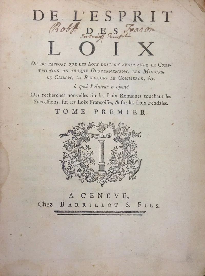The title page of the first volume of Montesquieu's De l'Esprit des loix (Wikimedia)