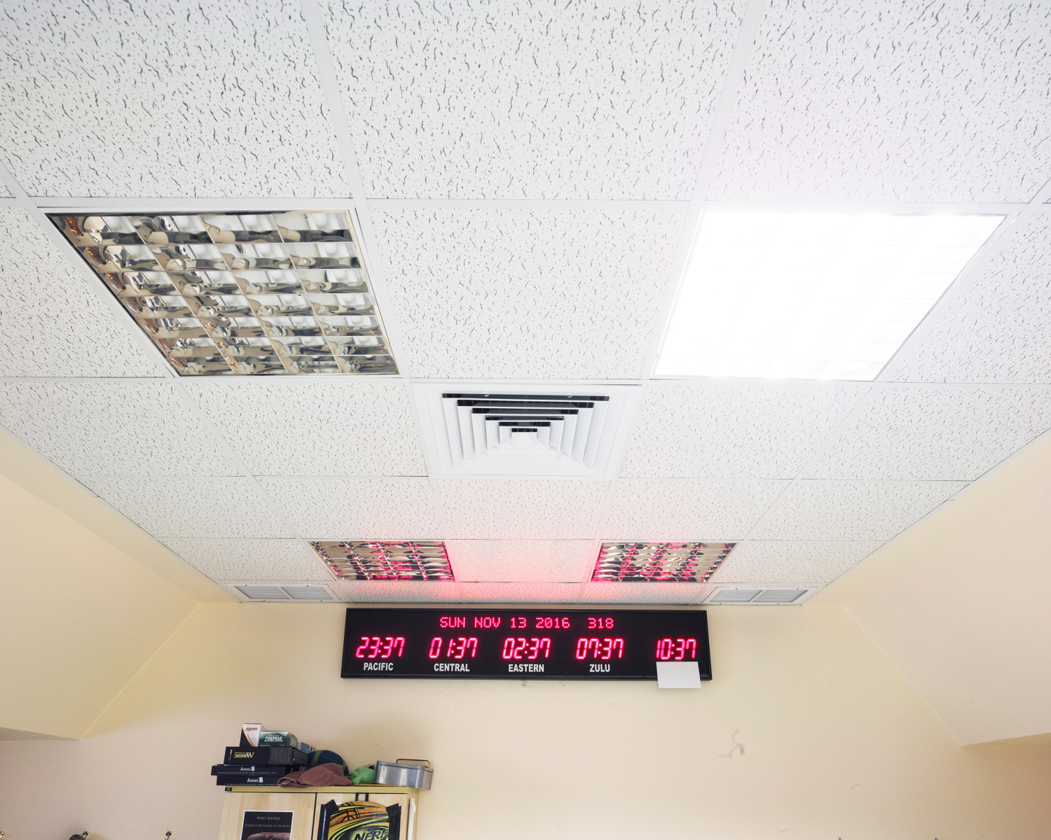   Clocks inside a hardened command post bunker in Southwest Asia, location obscured. (Jason Koxvold)  