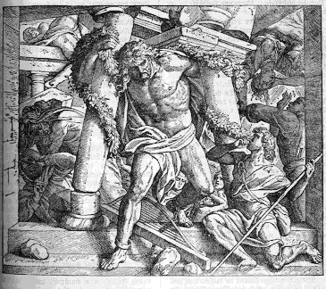 An Etching of Samson tearing down the Temple, from an 1882 German Bible (Julius Schnorr von Carolsfeld/Wikimedia)