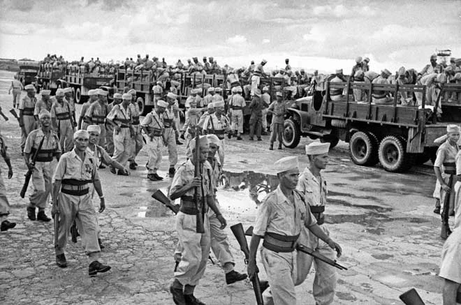 French troops preparing to leave Hanoi in the aftermath of their defeat at the hands of the Viet Minh. (Getty Images/Australia and the Vietnam War)