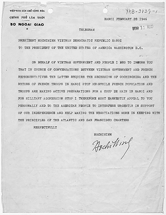 February 28, 1946 telegram from Ho Chi Minh to U.S. President Harry S. Truman requesting support for independence. (Wikimedia Commons)