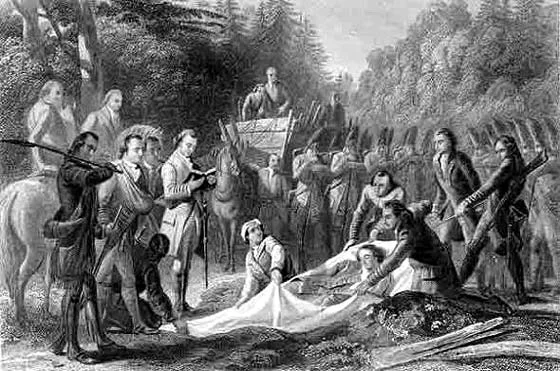 The burial of Major General Edward Braddock after the battle on the Monongahela River. After the burial, supposedly conducted by George Washington, wagons were driven across the burial site to ensure it could not be found by the French and Indians presumed to be pursuing the beaten army. ( Martha Hall )