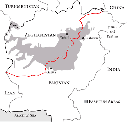 Map of Afghanistan and Pakistan featuring Pashtun Areas with the Durand Line highlighted in red ( London Review of Books ).