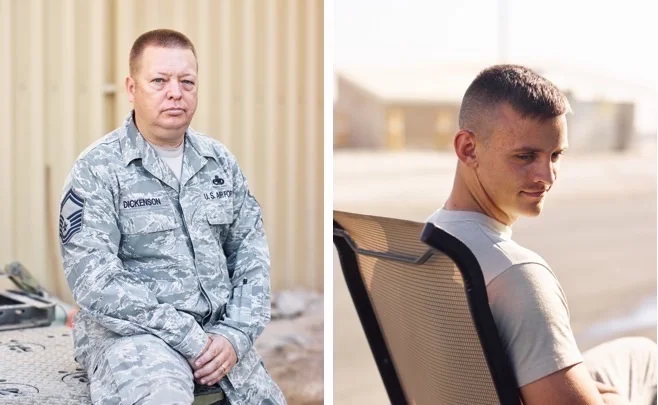 Portraits of airmen: left, a USAF Senior Master Sergeant in Southwest Asia; right, a USAF maintainer in Southwest Asia. ( Jason Koxvold )