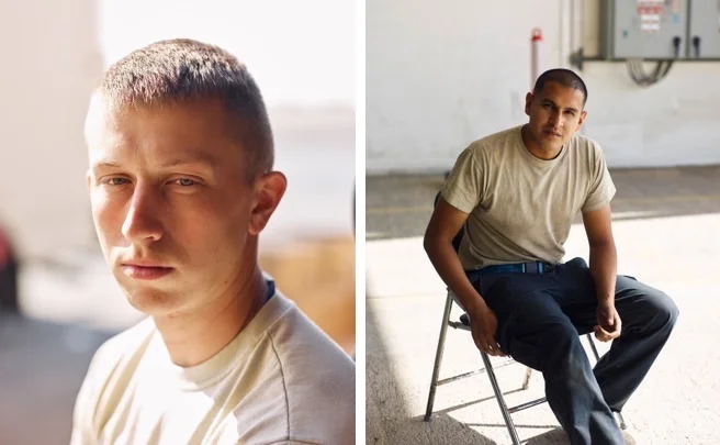 Portraits of airmen: left, an F-22 maintainer in Southwest Asia; right, an RQ-4 Global Hawk maintainer in Southwest Asia. ( Jason Koxvold )