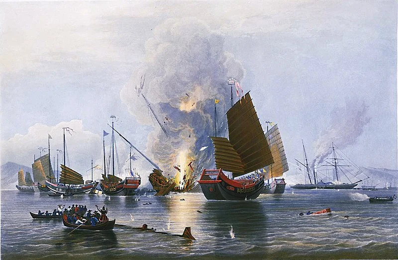 The East India Company iron steam ship Nemesis, commanded by Lieutenant W. H. Hall, with boats from the Sulphur, Calliope, Larne and Starling, destroying the Chinese war junks in Anson's Bay, on 7 January 1841. (Edward Duncan/Wikimedia)