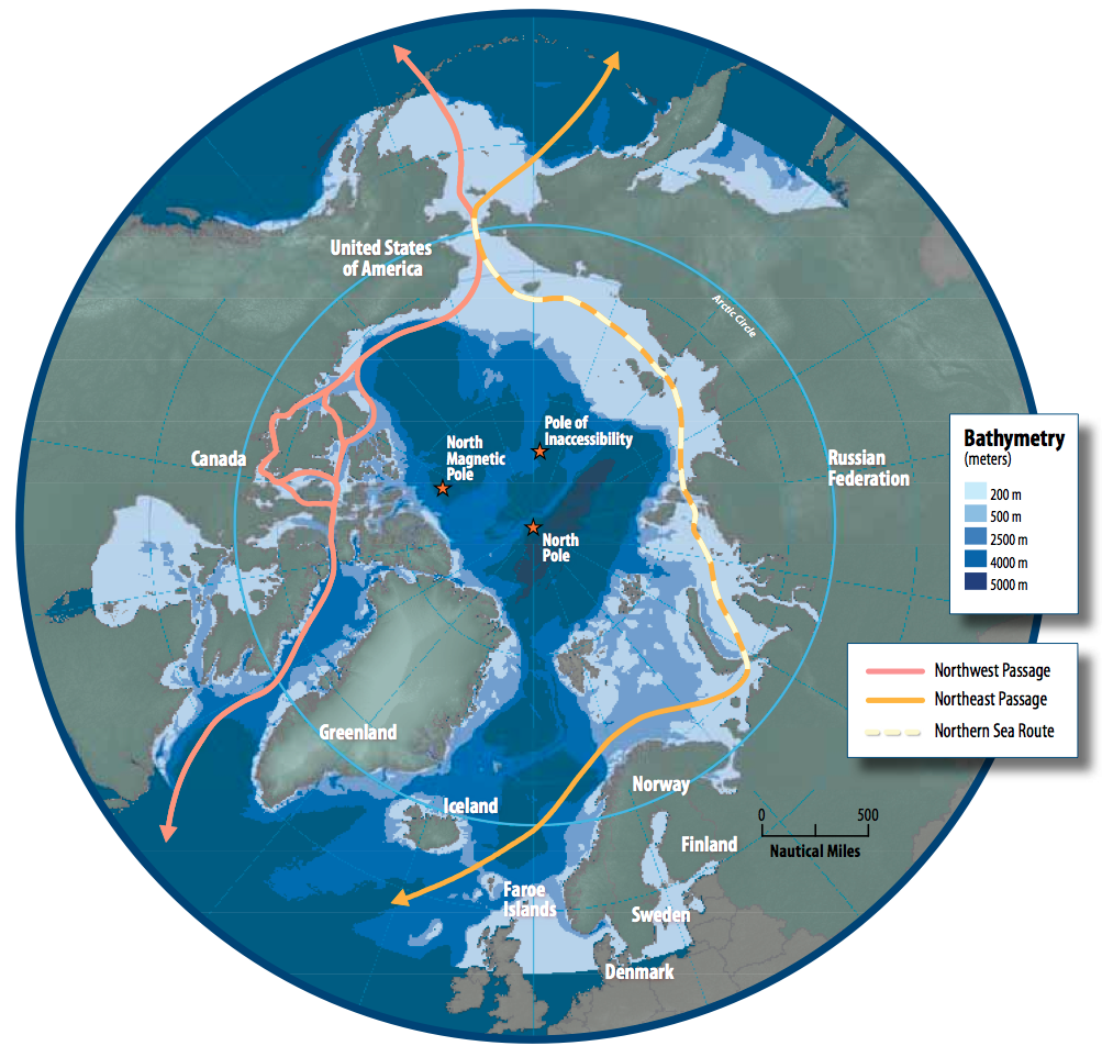 Map of the Arctic showing shipping routes Northeast Passage, Northern Sea Route, and Northwest Passage, and bathymetry. (Susie Harder/Arctic Council/Wikimedia)