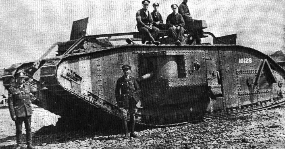 British troops pose with a new tank during the Battle of the Somme. (The Great War Project)