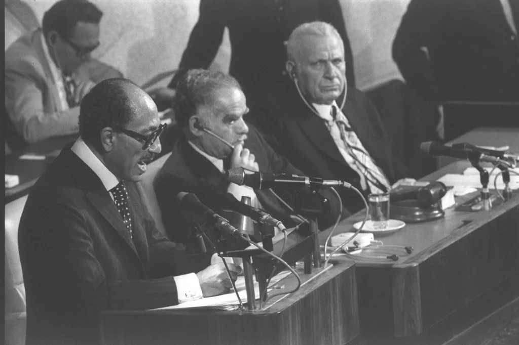 Egyptian president Anwar Sadat addresses the Knesset in Jerusalem, November 20, 1977 (Times of Israel)