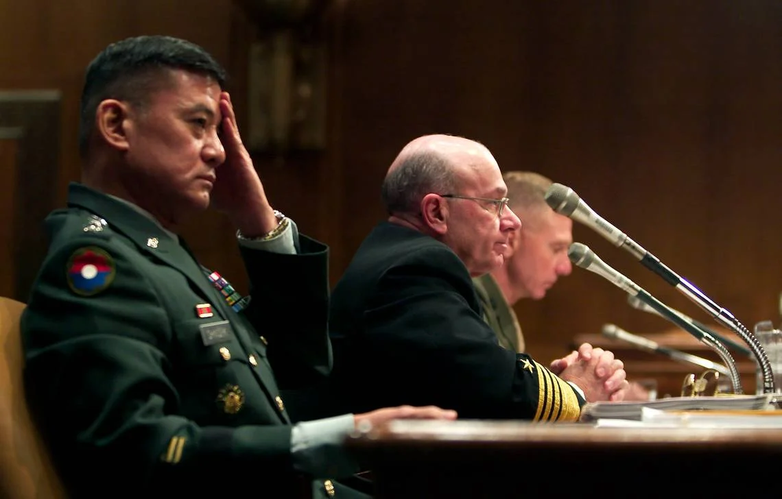 General Eric Shinseki, left, Army Chief of Staff, testifies in February 2003 before the Senate Armed Services Committee on Capitol Hill along with Admiral Vernon Clark and General Michael Haggee of the Marine Corps. (KRT)