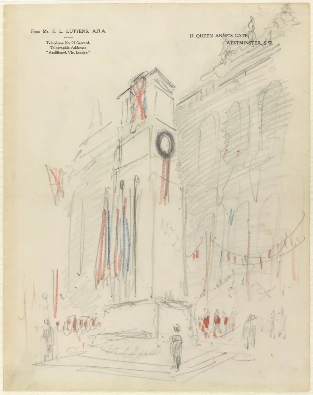 One of Lutyens' sketches of the proposed cenotaph in situ with coloured flags, imagined as it would be during a remembrance ceremony with a crowd gathered before it. (Imperial War Museum)