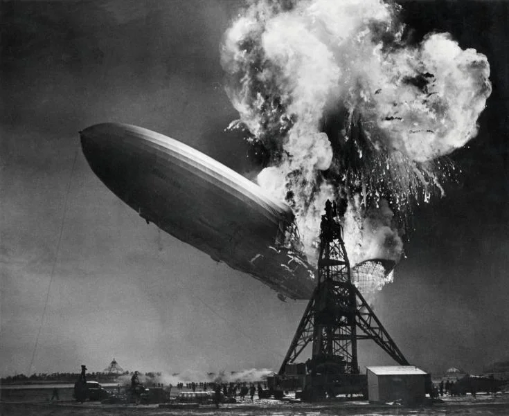The Hindenburg on fire at the mooring mast of Lakehurst, New Jersey, 6 May 1937. (National Archives/Wikimedia)