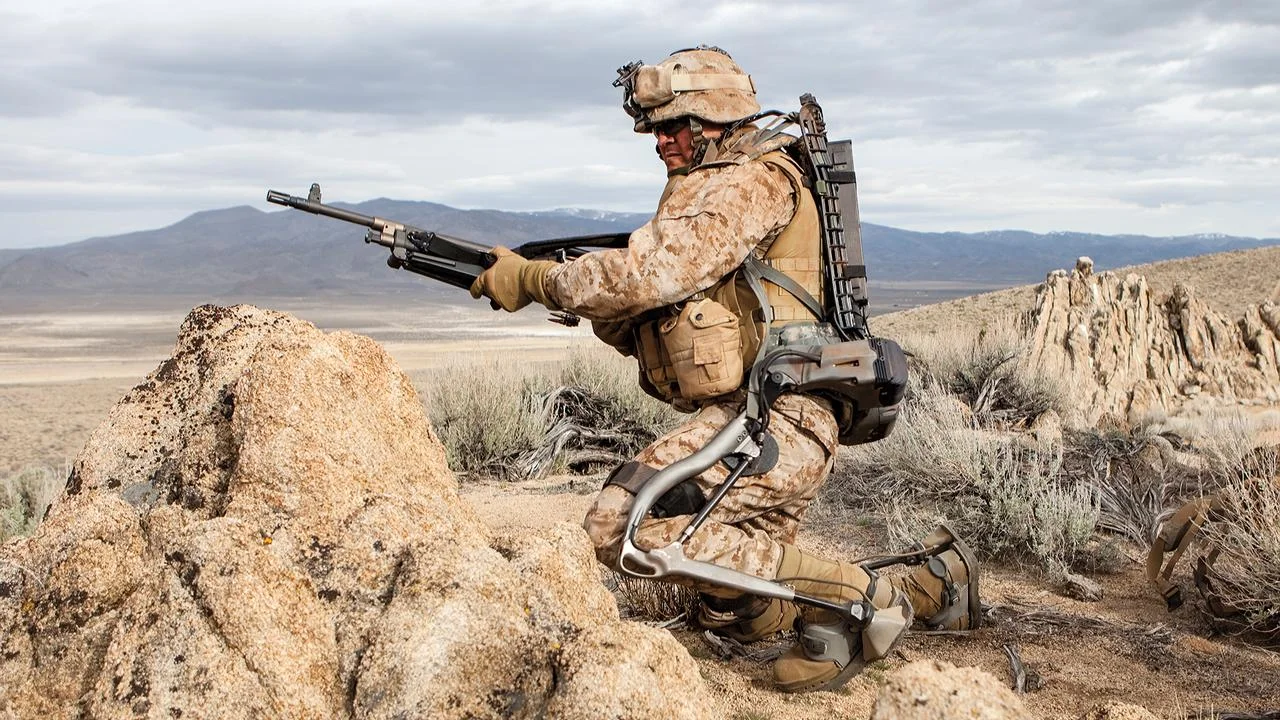 The HULC, a rigid, battery-powered exoskeleton developed by the U.S. military in the late 2000s, is one of many efforts to robotically assist soldiers. (Science/Lockheed Martin)