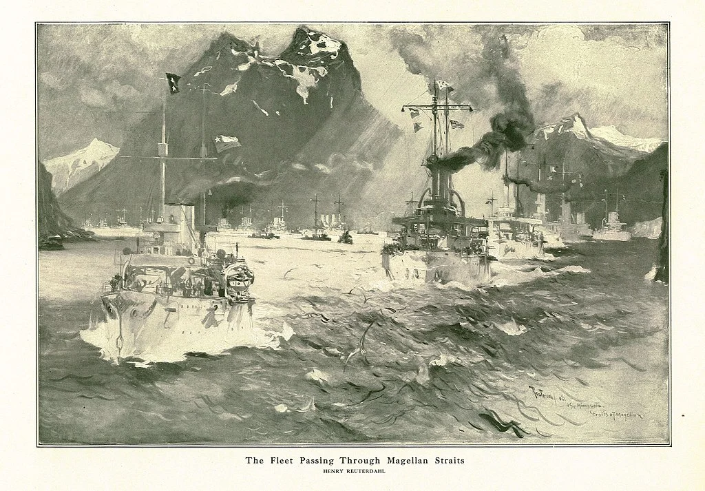 "The Fleet Passing Through the Magellan Straits" by naval artist Henry Reuterdahl, who traveled with Roosevelt's Great White Fleet aboard the USS Culgoa (Wikimedia)