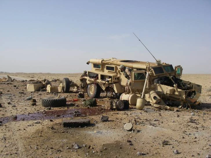 Cougar was hit in Al Anbar, Iraq by a directed charge IED approximately 300-500 lbs in size. All crew members survived the blast and went out the next day. (DoD Photo)