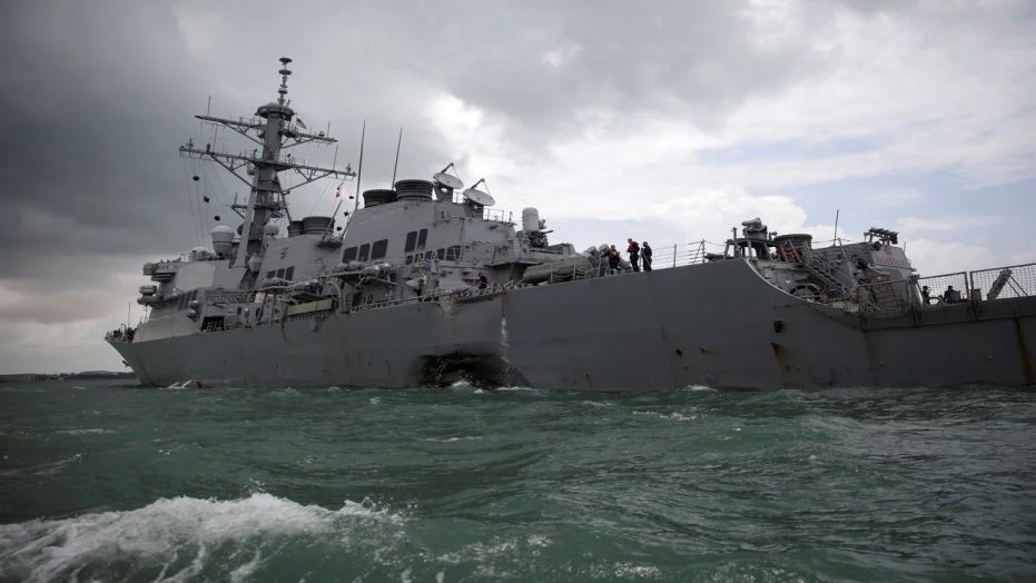 The USS John S. McCain after a collision, in Singapore waters, Aug. 21, 2017. (Reuters)