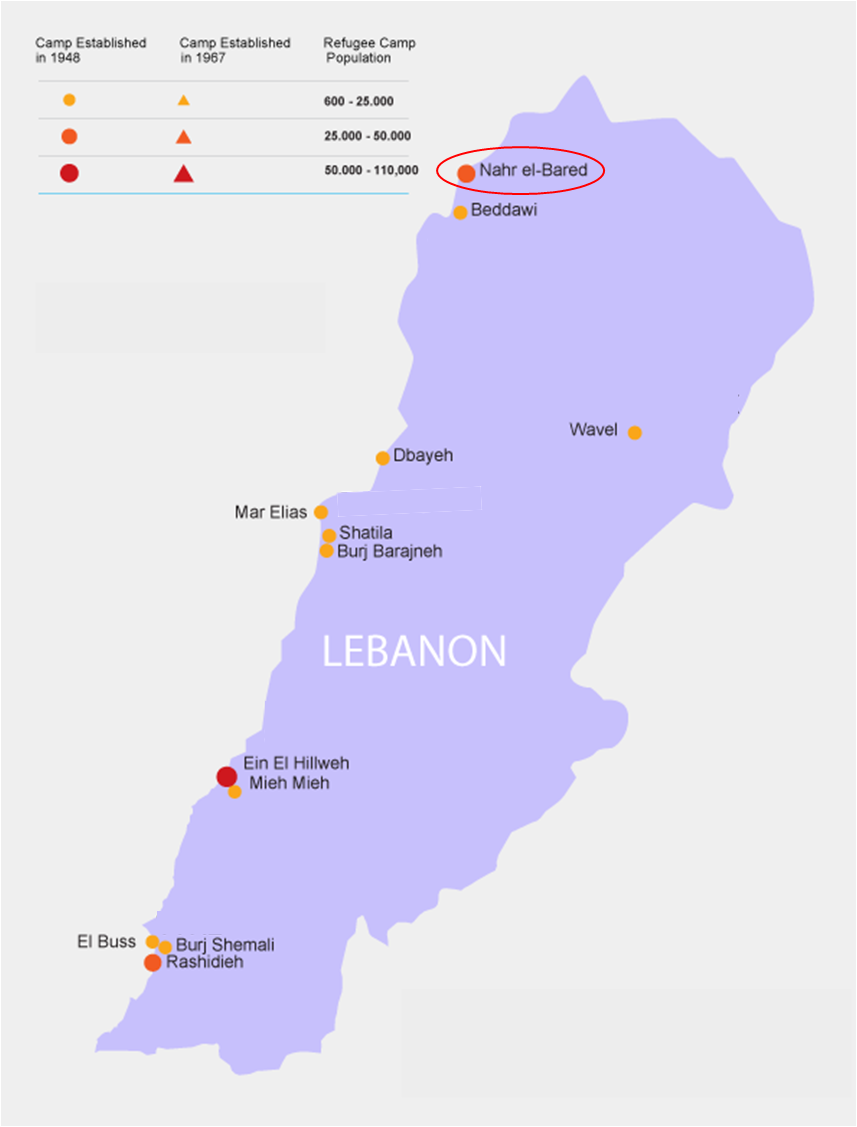 The Twelve Palestinian Refugee Camps Geographic Locations in Lebanon including Nahr Al-Bared. United Nations Relief and Works Agency for Palestine Refugees in the Near East (UNRWA), “Where we Work,” last modified July 1, 2014, accessed February 26, 2018, https:// www.unrwa.org/where-we-work/lebanon