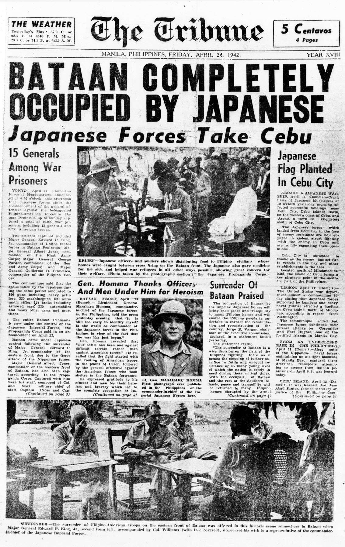 The invading Japanese controlled the Philippine media, which portrayed imperial forces as helpful liberators. In reality, the Japanese were committing brutal war crimes like the Bataan Death March. This front page claims that Japanese occupation will bring peace and tranquility to the Philippines. (U.S. Air Force Photo)
