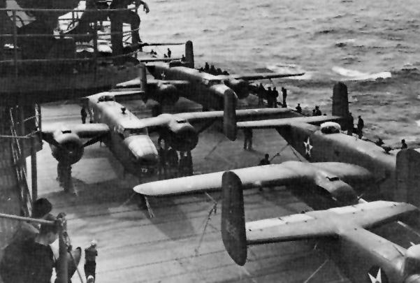 B-25B Mitchell bombers aboard the USS Hornet (CV-8) during the Doolittle Raid. (Wikimedia)