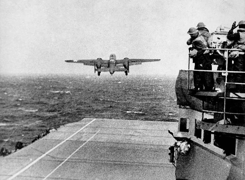  A U.S. Army Air Forces North American B-25B  Mitchell  bomber takes off from the aircraft carrier USS  Hornet  (CV-8) during the Doolittle Raid. 