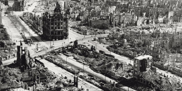   Aerial view of Dresden city centre, the area around Pirnaischer Platz, devastated by the Anglo-American bombing of the 13th and 14th of February 1945. (Mondadori Portfolio/Getty Images)  