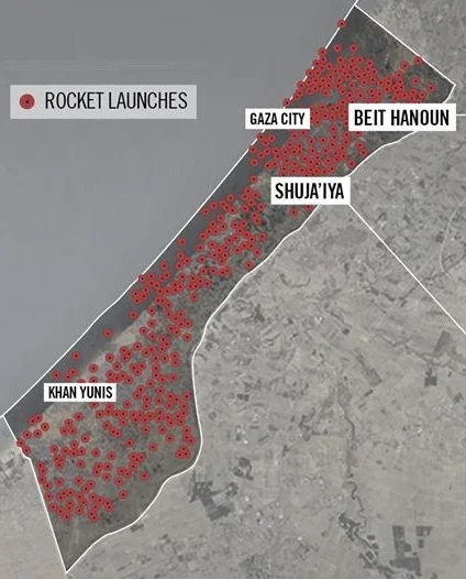 Israeli Defense Forces map of rocket launch sites in Gaza during Operation Protective Edge ( Wikimedia Commons )
