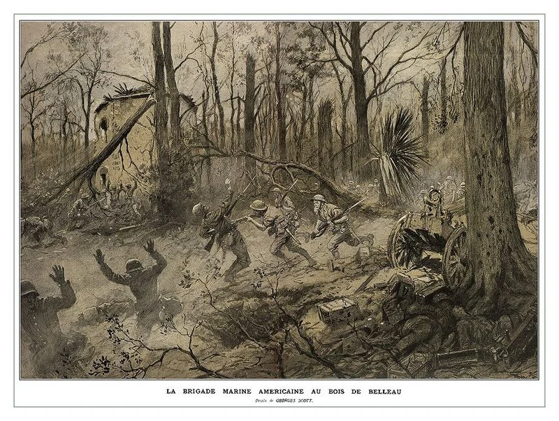 Georges Scott (1873-1943) illustration "American Marines in Belleau Wood (1918)," originally published in the French Magazine Illustrations (Wikimedia)