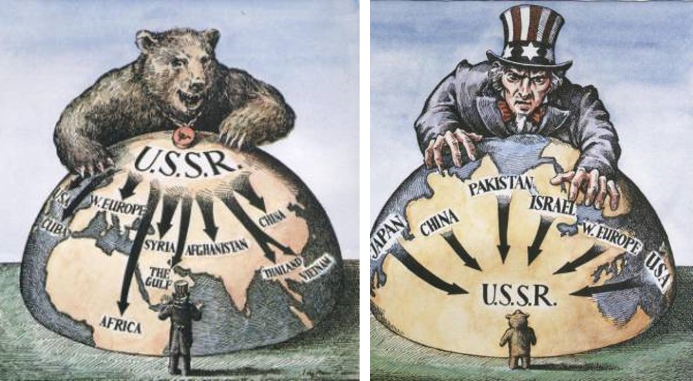Two views of containment and the relative positions of the U.S. and Soviet Union after World War II. (Pinterest)