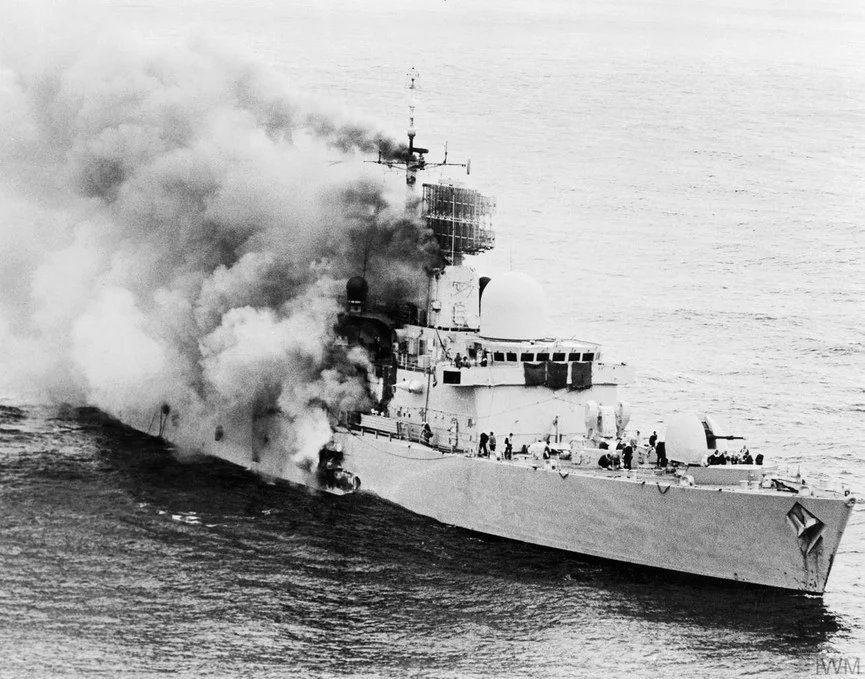 During the Falklands War, the destroyer HMS Sheffield was struck by an AM39 Exocet missile fired from an Argentine aircraft six miles away. HMS Sheffield was the first British warship to be lost in action since the Second World War. Twenty members of the crew were killed. (Imperial War Museum)