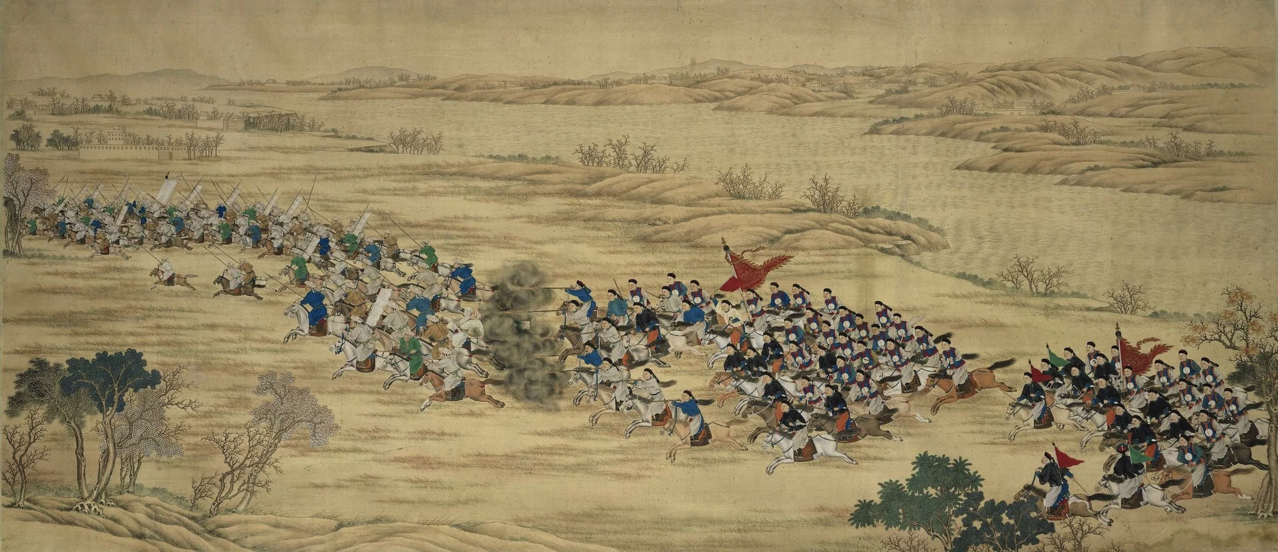 An Imperial Battle Painting from the Set of Seventeen Paintings Commemorating the Campaign Victories in the Northwestern Region, Qing Dynasty, Guangxu Period. (Pinterest)
