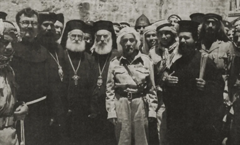King Abdullah outside the Church of the Holy Sepulchre, Jerusalem, 29 May 1948. (John Roy Carlson/Wikimedia)