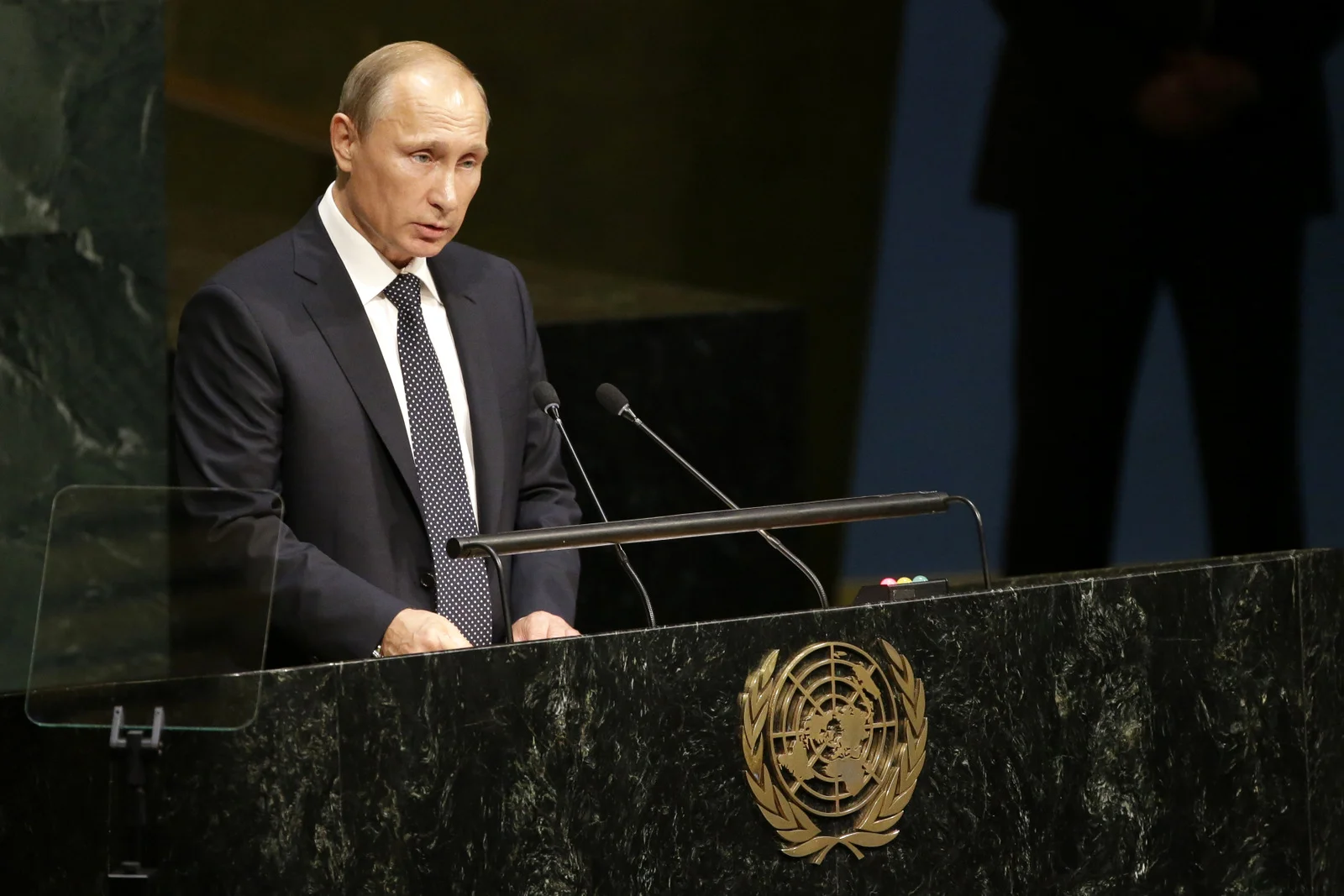 Russian President President Vladimir Putin addresses the 70th session of the United Nations General Assembly at U.N. headquarters, Monday, Sept. 28, 2015. (Mary Altaffer/AP)