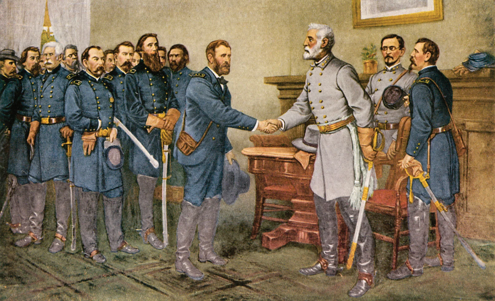 The surrender of General Lee to General Grant at Appomattox Court House, Virginia, 9 April 1865. Reproduction of a painting by Thomas Nast. (Wikimedia)