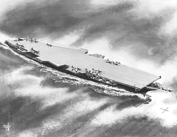Artist's conception of the U.S. Navy supercarrier USS United States by Bruno Figallo, October 1948, showing the ship's approximate planned configuration as of that time. This carrier was laid down at Newport News, Virginia (USA), on 18 April 1949 and cancelled by the Secretary of Defense a few days later. (Wikimedia)