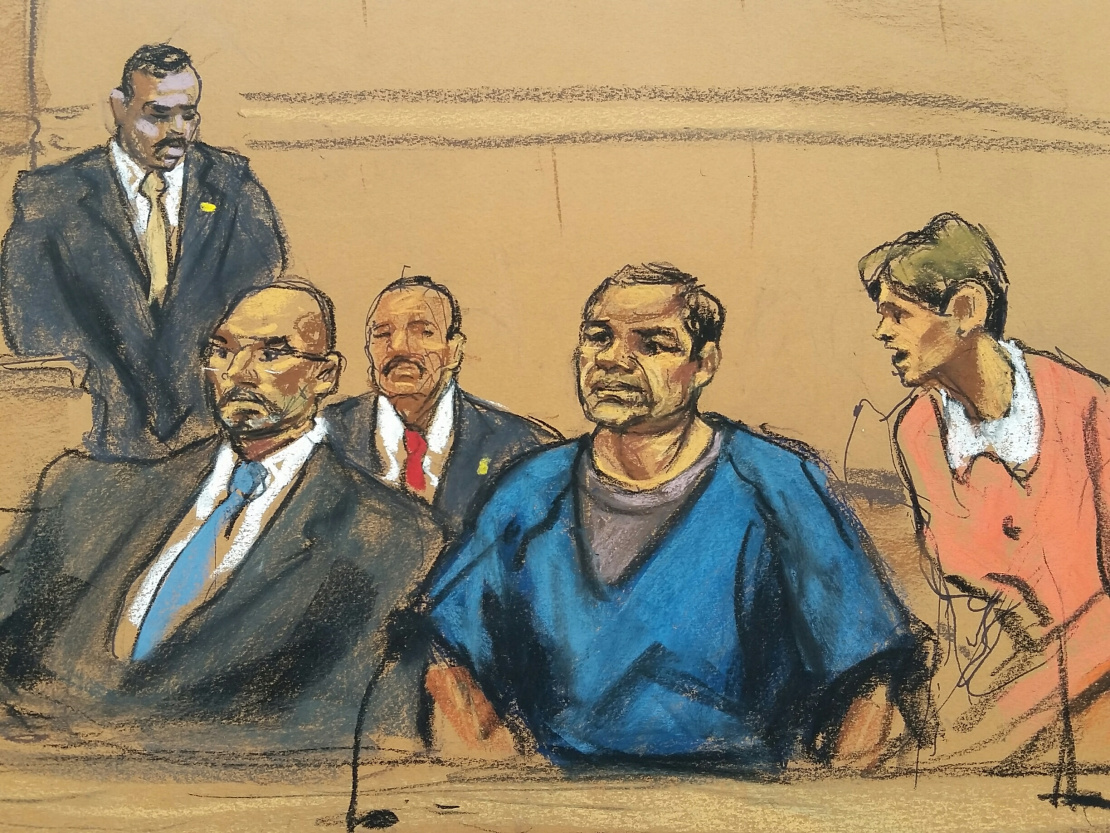 A sketch of Joaquín "El Chapo" Guzmán in Brooklyn federal court on Nov. 8, 2017. (Jane Rosenberg)