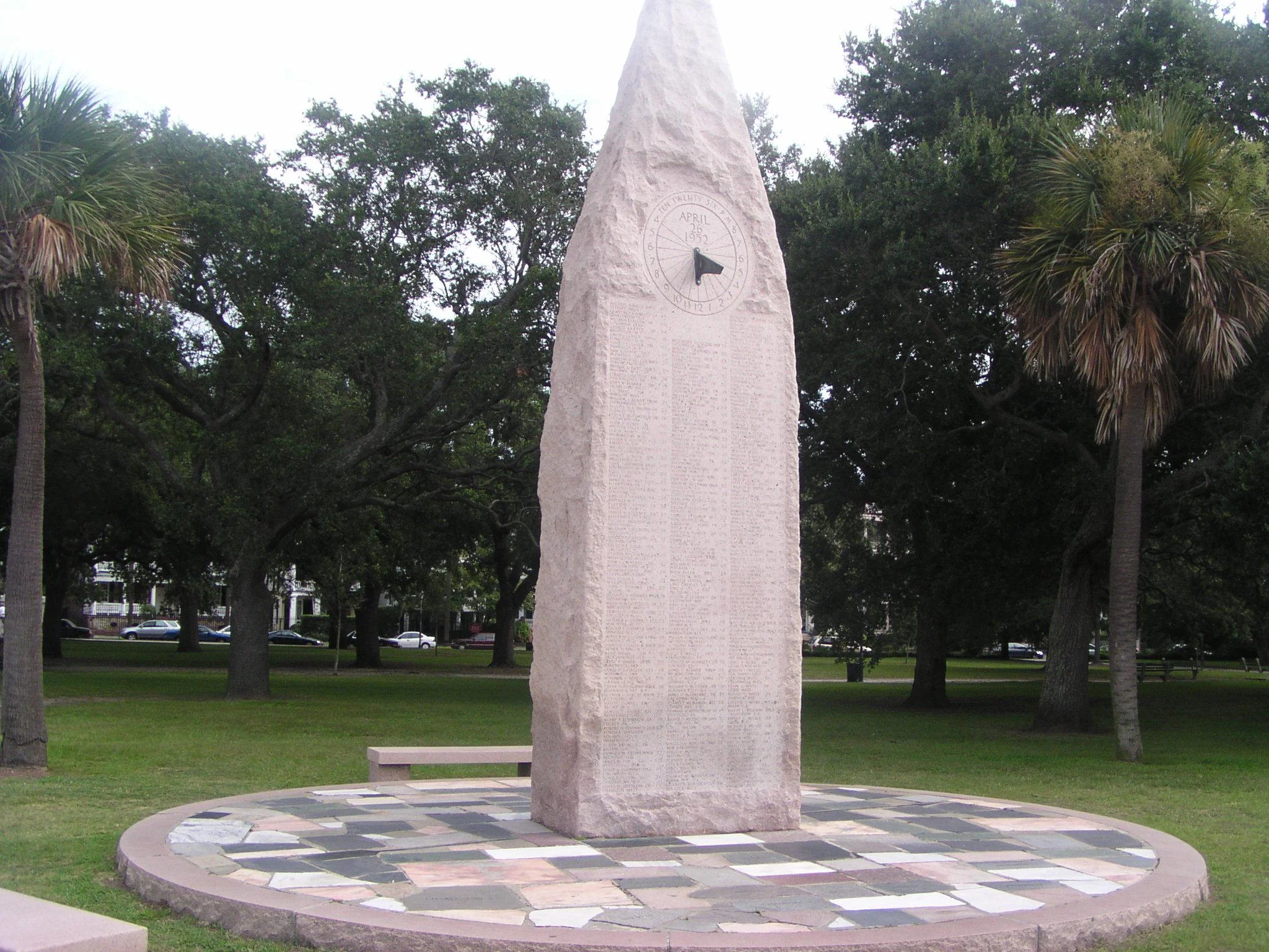 USS Hobson Memorial. One side of the monument describes the events of April 26, 1952, and the other lists the names of the lost. The base is constructed from stones collected from the 38 home states of those lost. (James D. Teresco/Lost at Sea Memorials)