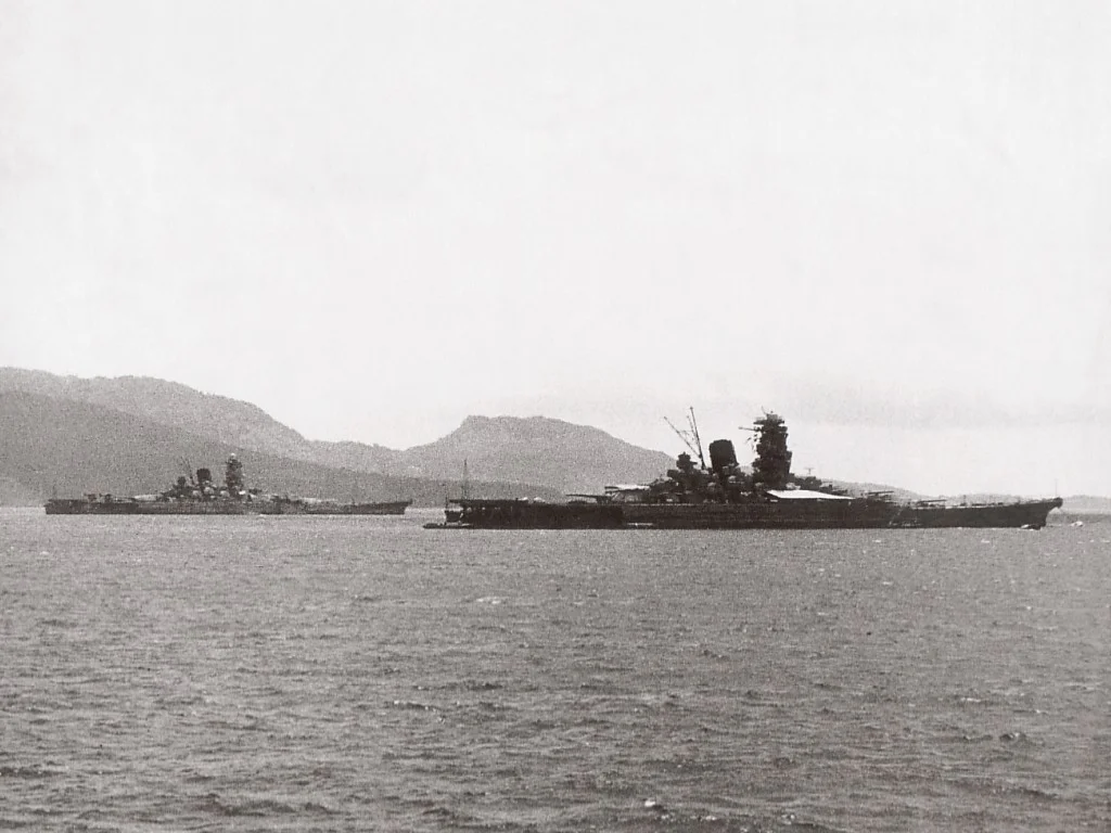 Super-battleships Yamato and Musashi anchored in the waters off of the Truk Islands in 1943. (Wikimedia)