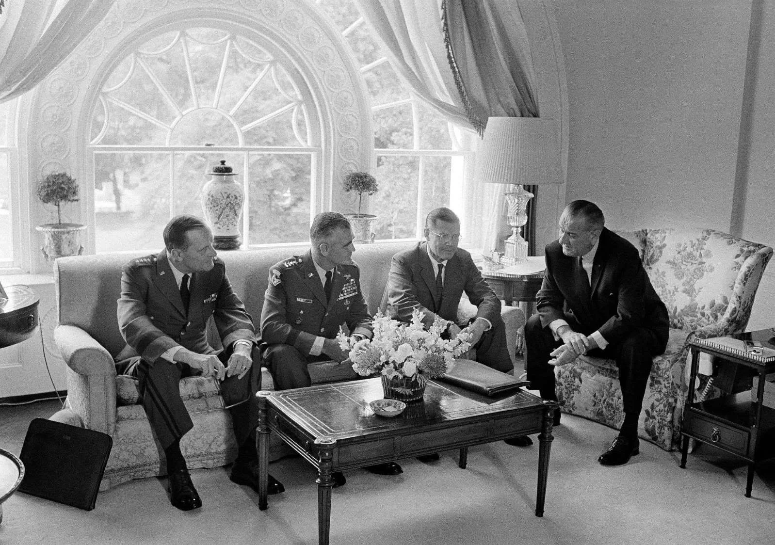 President Lyndon B. Johnson with General Earle Wheeler, chairman of the Joint Chiefs of Staff; General Westmoreland; and Robert S. McNamara, the defense secretary, in 1967 (AP)