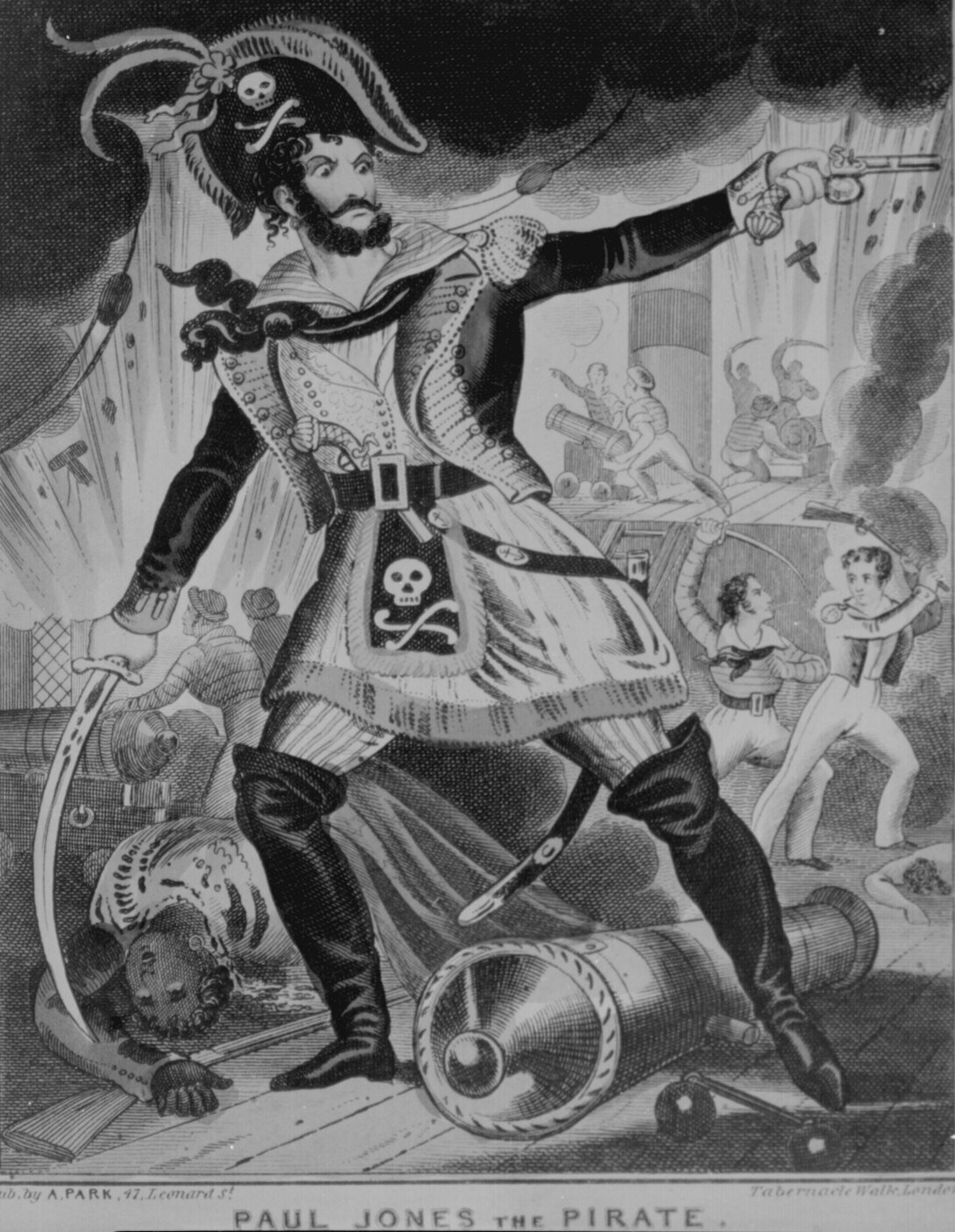   "Paul Jones the pirate", British caricature (engraving) of American naval commander John Paul Jones (Wikimedia)  