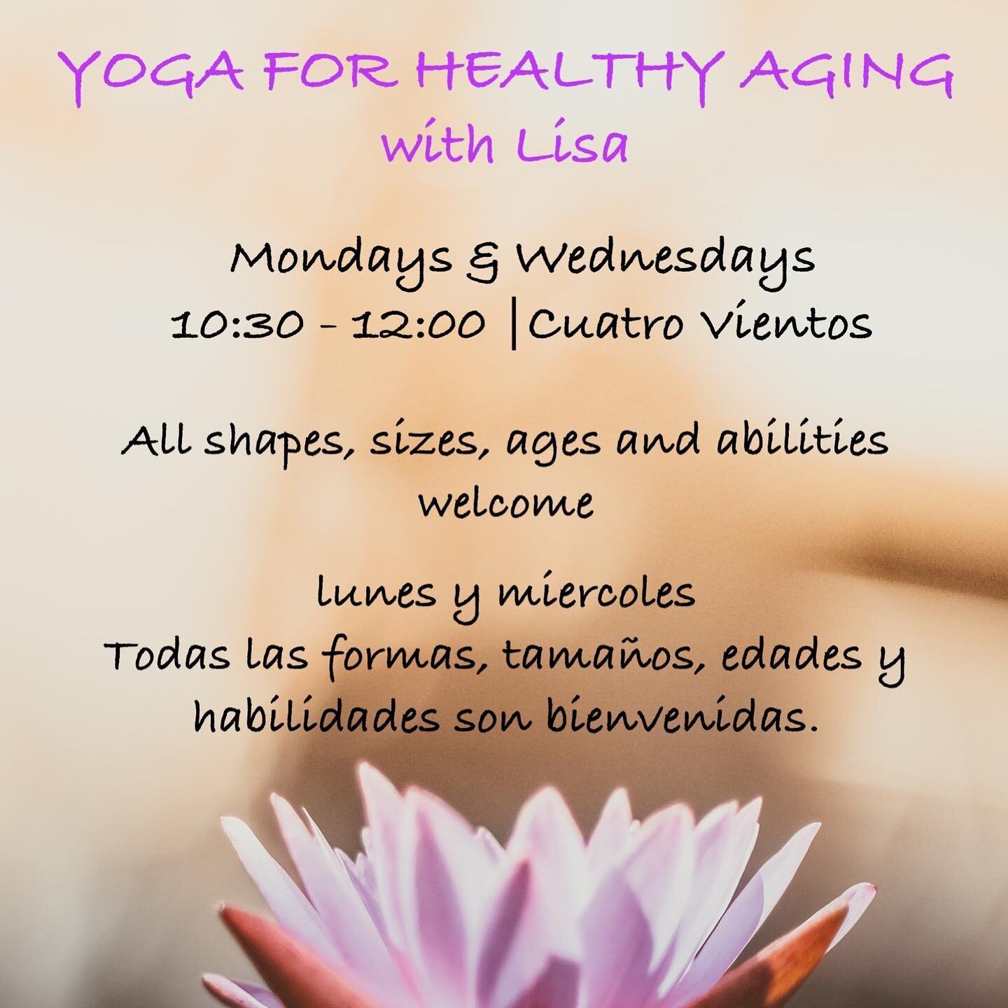 (Espa&ntilde;ol debajo) 

Yoga for Healthy Aging with Lisa

Mondays and Wednesdays 10:30a - 12:00p

Hatha Yoga for all shapes, sizes, ages + abilities 🙏

&hellip;&hellip;&hellip;&hellip;&hellip;&hellip;&hellip;&hellip;&hellip;&hellip;&hellip;&hellip