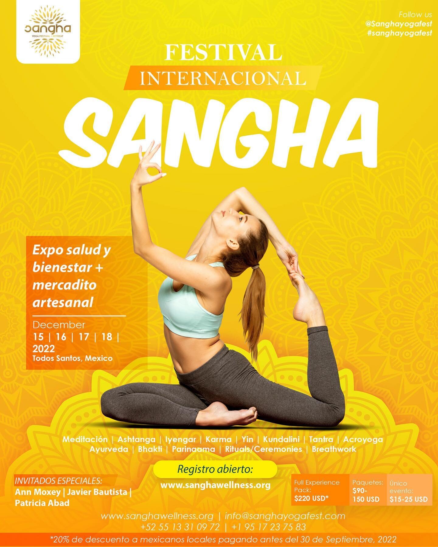 4to Festival Internacional Sangha Yoga + Retiro ✨

15 al 18 Diciembre, 2022 

Cuatro Vientos, Todos Santos M&eacute;xico

̈De la mente al coraz&oacute;n &hearts;️ 

Para m&aacute;s informaci&oacute;n visita nuestro website 🙌
&hellip;&hellip;&hellip;