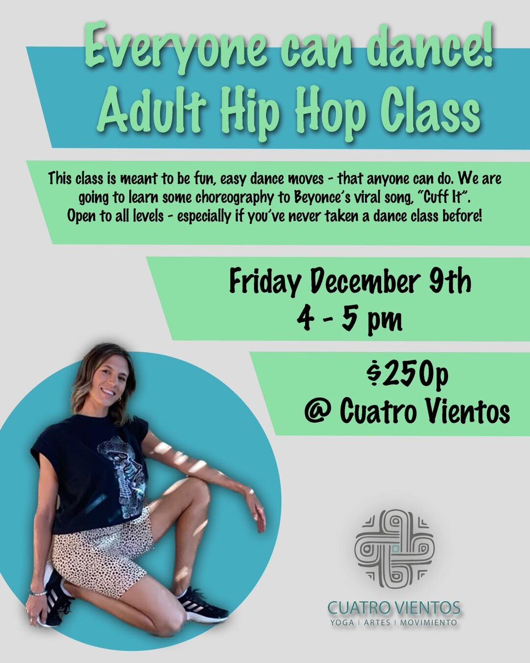 (Espa&ntilde;ol debajo) 

Let&rsquo;s have some fun dancing to &ldquo;Cuff it&rdquo; by Beyonc&eacute;. We'll start with a short warm up and stretching and then learn some easy to follow choreography. Please bring clean running shoes to wear for clas