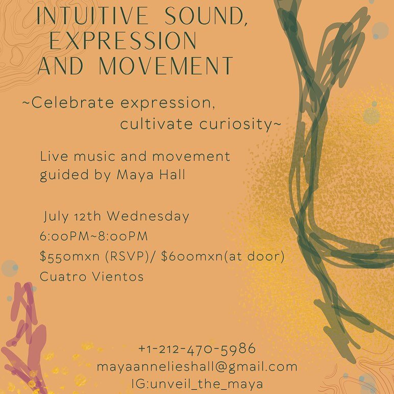 (Espanol debajo)
.
Tomorrow!
 In this class, we explore our senses and experience the magic of sound combined with movement. Guided by live music and vocal toning by Maya, she will assist in giving invitational sequences for movement.
.
The intention