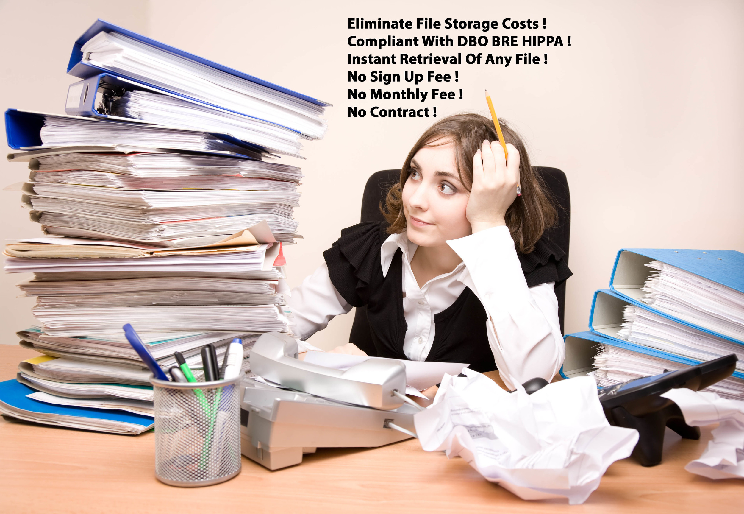Why Pay More? Pennies Per Page Includes : Banker Box File Pick Up File Check In & File Prep File Scan 200 DPI Black & White With 24 Bit Color File Scanned In Order Top To Bottom Or Left / Right side File Scan ID By File Number Or Client Name Self Running Master CD's - Read Only PDF Format Secured Storage Of Hard Copy After Scanning Scan Report With File Listed Numerically Or Alphabetically Certified Shredding After Hard Copy Storage